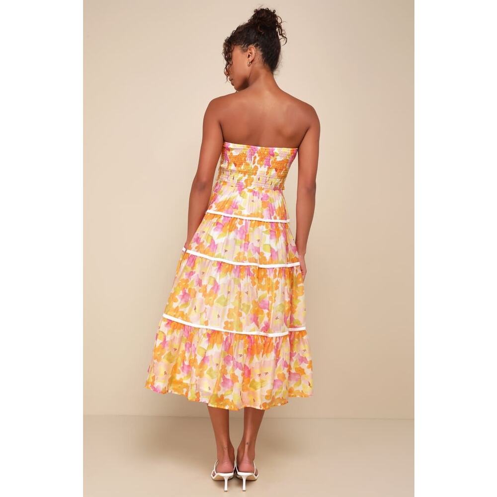 NWT Lulus Sunlight Aura Orange Floral Strapless Tiered Midi Dress Resort Size L - Picture 3 of 7